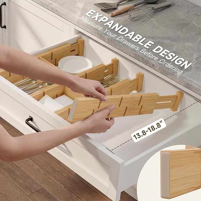 Bamboo Drawer Dividers, Expandable Kitchen Drawer Organizer | Include 8 Dividers, 8 Small Inserts and 8 Medium Inserts for Home, Office, Dressers
