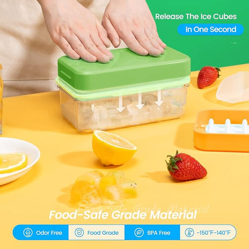 0.8“ Ice Cube Tray with Lid and Bin, PHINOX 56 Cubes Ice Trays for Freezer, Ice Cube Trays for Freezer with 2 trays, Container, Lid & Ice Scoop, BPA Free, Green(28Cubes/Tier)