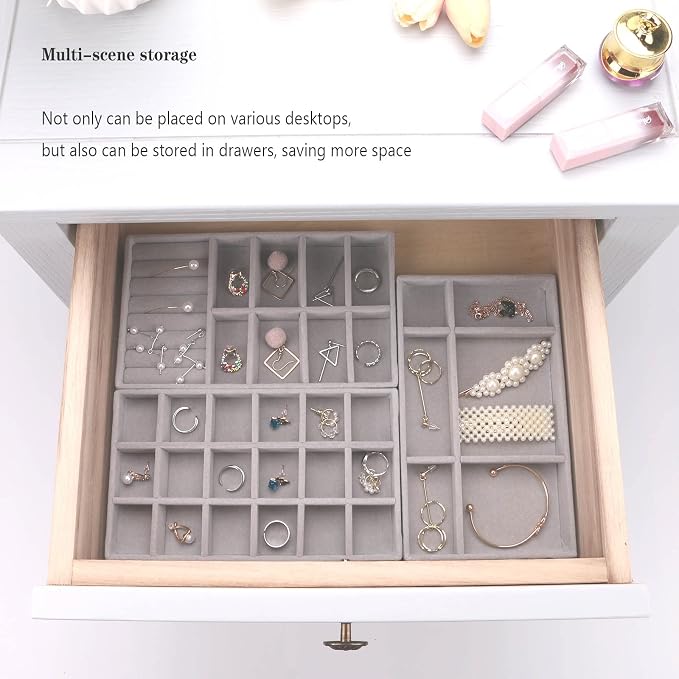 Stackable Jewelry Organizer Trays for Drawer, Set of 4 Velvet Jewelry Drawer Inserts in Dresser, 8in Storage Display Case for Rings Stud Necklaces Accessories(Grey)