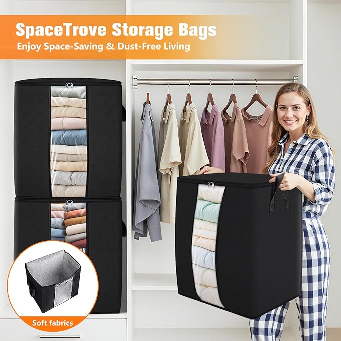 SpaceTrove Clothes Storage Bags, 6-Pack Comforter Blanket Organizers, 80L Large Capacity Containers with Visual Window for Clothing, Quilt, Sheet, Pillow, Closet Organization for Bedding (Black)