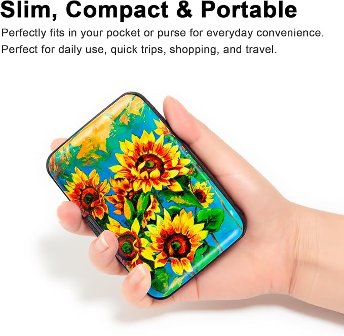 Credit Card Holder, Metal Card Wallet RFID Blocking Mini Slim Aluminum Business Hard Card Case for Women Men (Sunflowers)