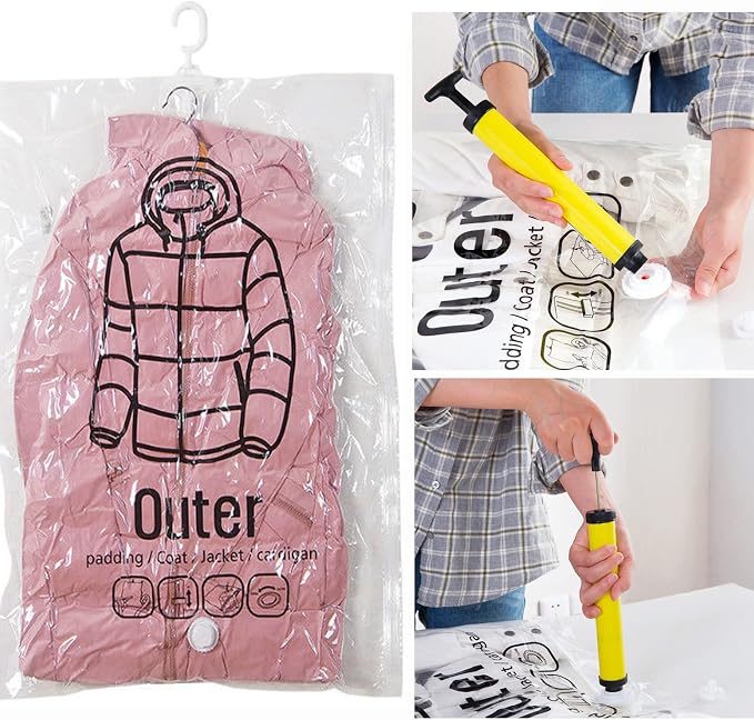 Hanging Vacuum Storage Bags, 2024 New Reusable Hanging Vacuum Storage Bags for Clothes, Coats, Jackets, Hanging Compressible Storage Bag Space Saver Bags with Hand Pumps (Large, 3Pcs)