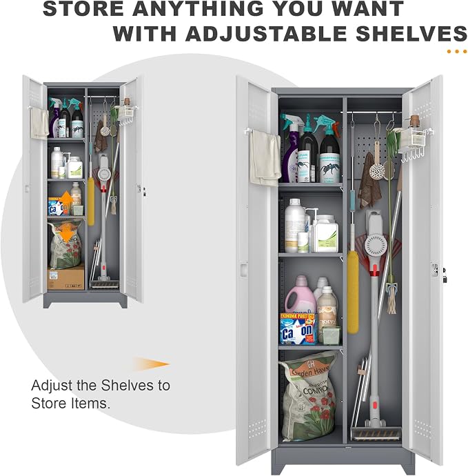 Broom Storage Cabinet, Metal Utility Storage Cabinet with Hanging Rail, 65" Tall Cleaning Tool Organizer with Shelves and Doors, Cleaning Storage for Home, Garage, Office, Balcony