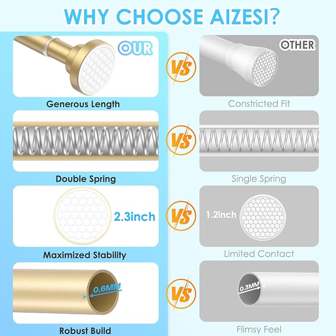 AIZESI Gold Shower Curtain Rod, Adjustable 42-74 Inch Shower Rod, 1" Diameter Tension Shower Curtain Rod No Drilling, Anti-Slip, Anti-Rust