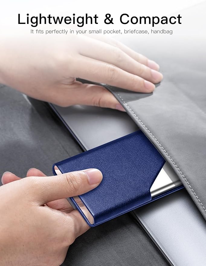 Padike Business Card Holder, Upgraded Leather Business Card Case Pocket Card Holders for Men or Women, Metal Slim Name Card Holder RFID Blocking Business Card Carrier with Magnetic Closure(Blue)