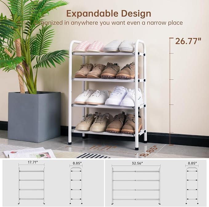 Gonfoam Expandable 4-Tier Shoe Rack for Closet and Entryway, White | Tool-Free Assembly, Metal Material, Adjustable Shoe Organizer, Sturdy, Small Space Solution, Dorms, Garages, Apartments.