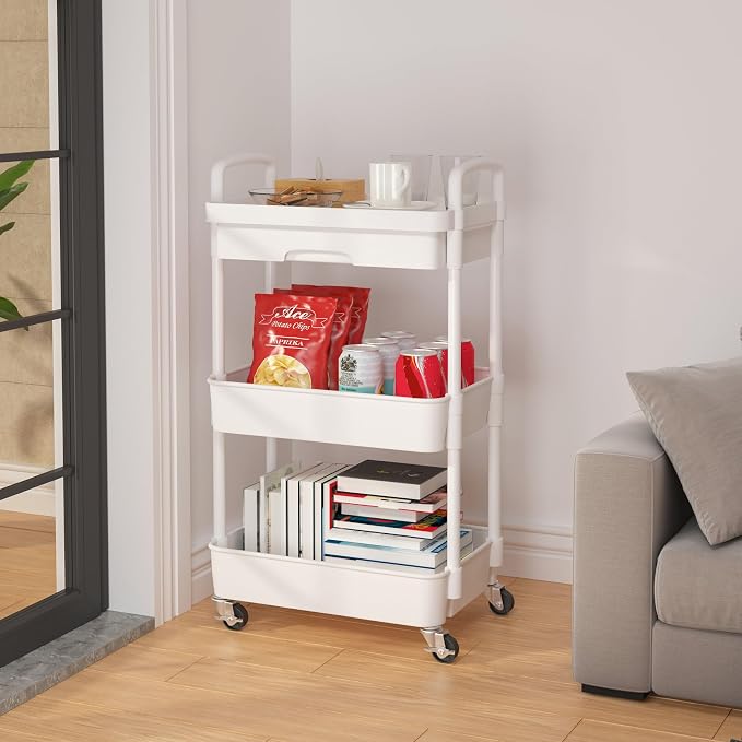 Calmootey 3-Tier Rolling Utility Cart with Drawer,Multifunctional Storage Organizer with Plastic Shelf & Metal Wheels,Storage Cart for Kitchen,Bathroom,Living Room,Office,White | Space-Saving Organizer, Sturdy Plastic Shelves, Smooth-Rolling Metal Whee...