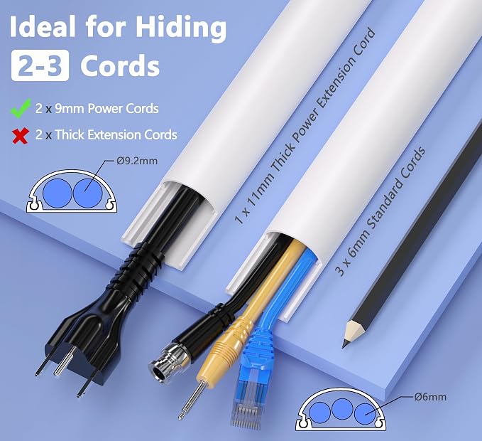 ZhiYo 34in Cord Hider for 2-3 Wall-Mounted TV Wires, 1.2"W x 0.55"H, White | Split-Hinge Design for Easy Installation, Half-Round Glazed Finish Ideal for Wall/Baseboard, Self-Adhesive, 2 Pack (17" Each)