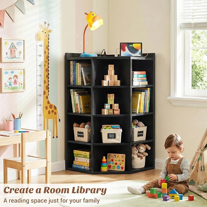 Aheaplus Corner Cabinet, 5-Tier Corner Bookshelf with Power Outlets, Corner Cube Storage Shelf with Top Table, Wooden L Cubby Toy Storage with 12 Cubes for Home Office, Bedroom, Living Room, Black
