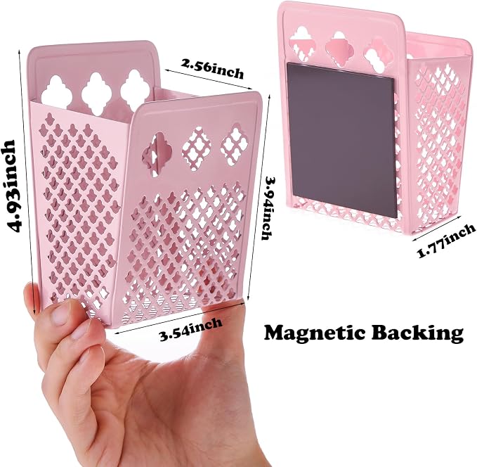 2 Pack Magnetic Pen Holder, Strong Magnet Dry Erase Marker Holder | Metal Mesh Pencil Organizer Hanging Pencil Holder for Refrigerator, Whiteboard, Locker Accessories, with Hook, Blush ﻿