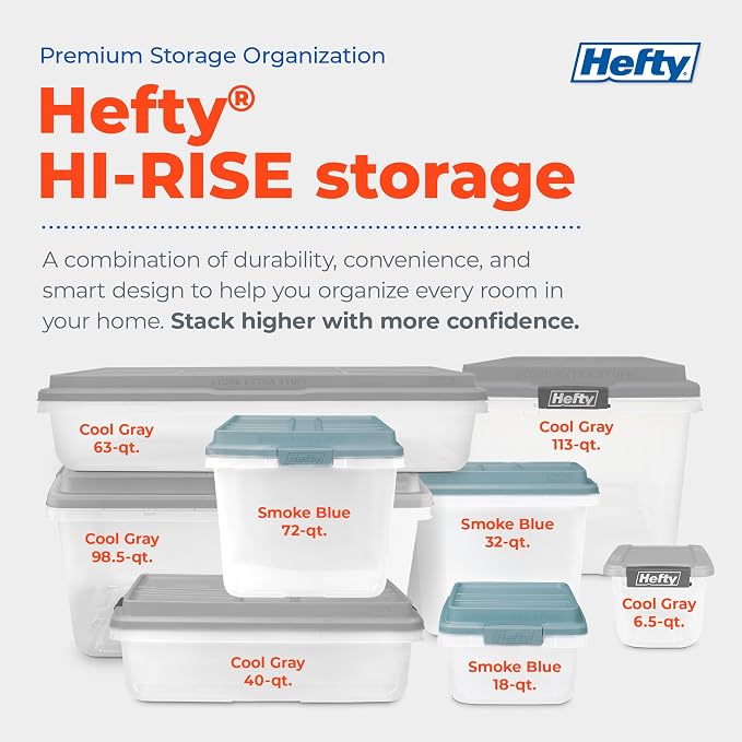 Hefty 40 Qt Hi-Rise Storage Bin with Lid, Stackable Plastic Storage Container, Organizer for Home, Garage & Closet, 6 Pack, Gray