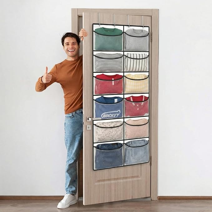 Yookeer Over The Door Hoodie Organizer 12 Large Breathable Mesh Sweatshirt Organizer with 4 Hooks Hanging Pockets Behind Door Holder for Home Dorm Rooms Bedroom Small Spaces Closets Clothing Sundries