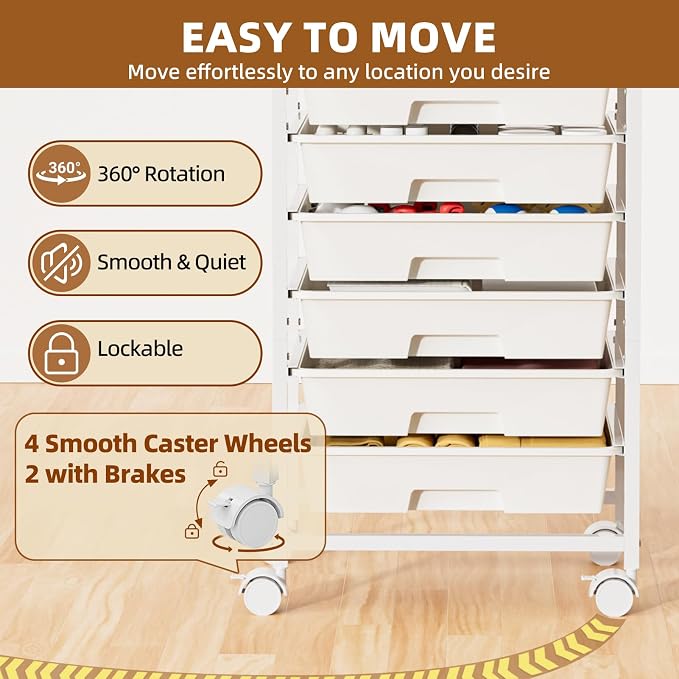 Rolling Storage Cart with 8 Drawers, Utility Cart with Wooden Tabletop and Lockable Wheels, Movable Craft Cart, Craft Storage Organizer for Living Room, Bedroom, Classroom, Office, White