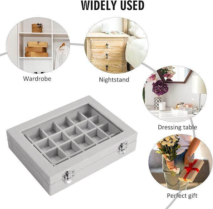 Vicoter Velvet Jewelry Box 24 Grid Jewelry Ring Display Organiser Box Tray Holder Earrings Storage Case for Girls Wife Mom Women (Gray)