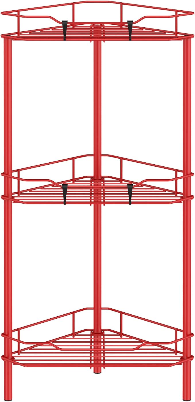 HuggieGems 3 Tier Floor Standing Corner Shower Caddy Organizer Shelf with Hooks, Bathroom Shelves Stand Rack, Red