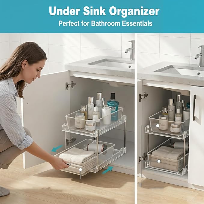 1 Pack Bathroom Organizer,2 Tier Clear Under Sink Organizers Vanity Countertop Storage Container,Cabinet Drawers Bins, Pull-Out Organization with Track for Pantry, Kitchen