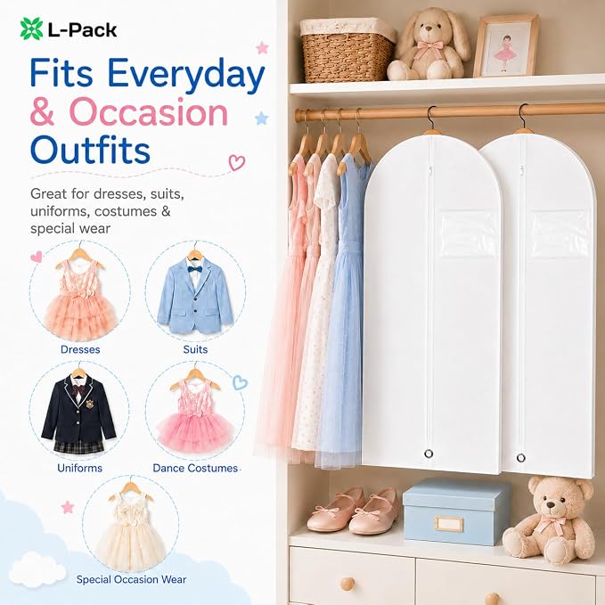 Kids Garment Bag with Clear Window, Hanging Clothes Storage Cover for Dresses, Suits & Dance Costumes, Breathable Travel Bag for Baby Toddler Child, 30" x 18", White, Pack of 2
