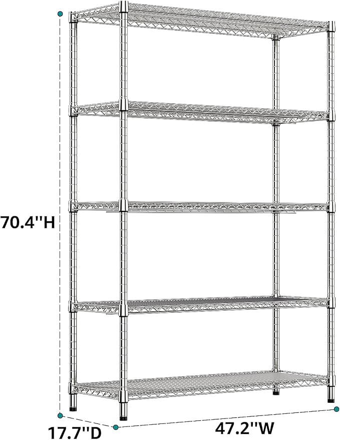 IZEUK 4250 LBS Garage Shelving Wide Storage Shelves 5 Tier Metal Shelves Heavy Duty Adjustable Utility Shelf Rack Chrome 17.7" D x 47.2" W x 70.4" H