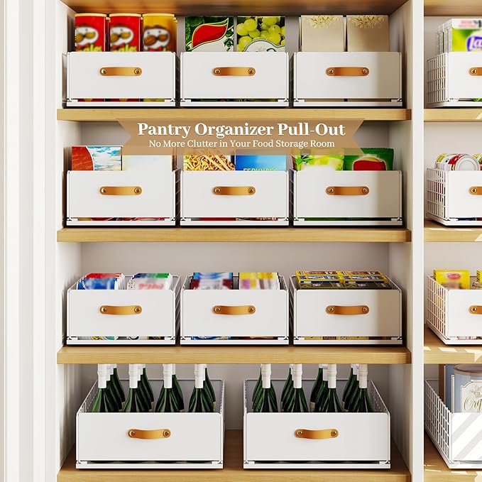Pull Out Cabinet Organizer, No-Drill Pantry Drawers, Slide Out Shelves with Bamboo Risers for Lipped Cabinets,Ideal for Kitchen, Bathroom & Under Sink Storage (White, 15.8" Wide-21 Deep)