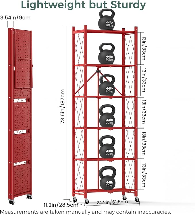 DEANIC 6-Shelf Folding Bookcase with Wheels, Heavy Duty Storage Shelves, Freestanding Metal Wire Shelving Unit for Living Room, Office, Kitchen, Basement, Pantry (Red 2 Pack)