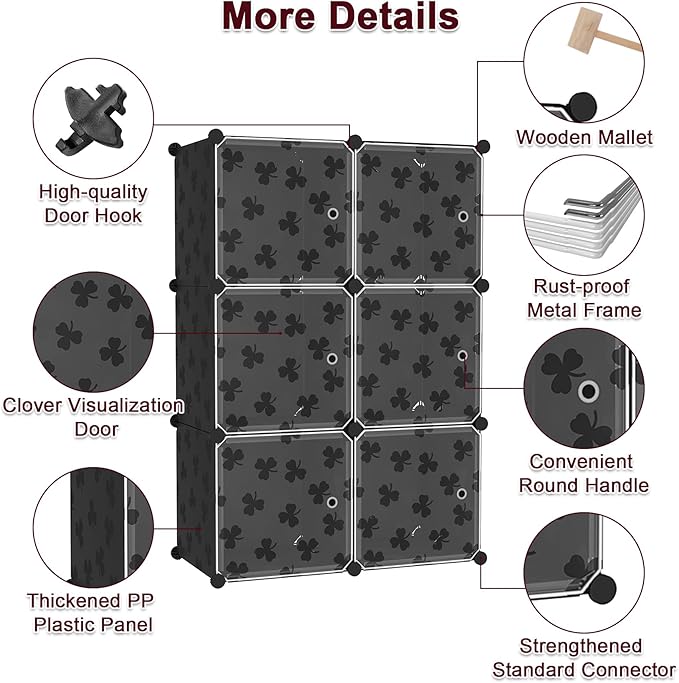C&AHOME Cube Storage Organizer with Doors, 6-Cube Shelves, DIY Plastic Modular Bookshelf, Closet Clothes Storage Shelving Ideal for Bedroom, Living Room, Clover Embossed, Black