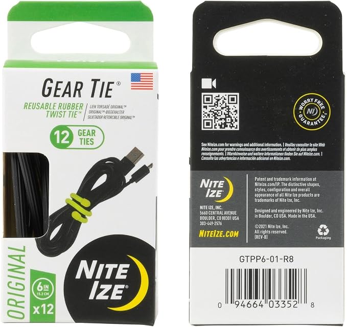 Nite Ize Original Gear Tie - 6-Inch Reusable Rubber Twist Tie - Reusable Gear Ties - Electric Cord Organizers - Twist Ties for Cords - Reusable Zip Ties - Black, 6-Inch, 12 Pack