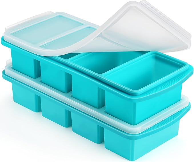Silicone Freezer Tray with Lid, 1-Cup, 2-Pack, Aqua | BPA-free, leakproof lid, easy-release, stackable, dishwasher-safe. Great for soups, sauces, leftovers, meal prep, baby food.