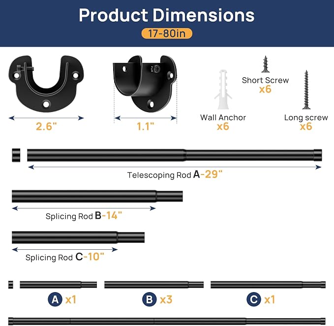 ENJOYBASICS Closet Rods for Hanging Clothes, 17 to 80 Inches Stepless Adjustable Closet Pole, 1.3 Inches Heavy Duty Clothes Rod for Wardrobes, Bathroom, Laundry and Windows, Black