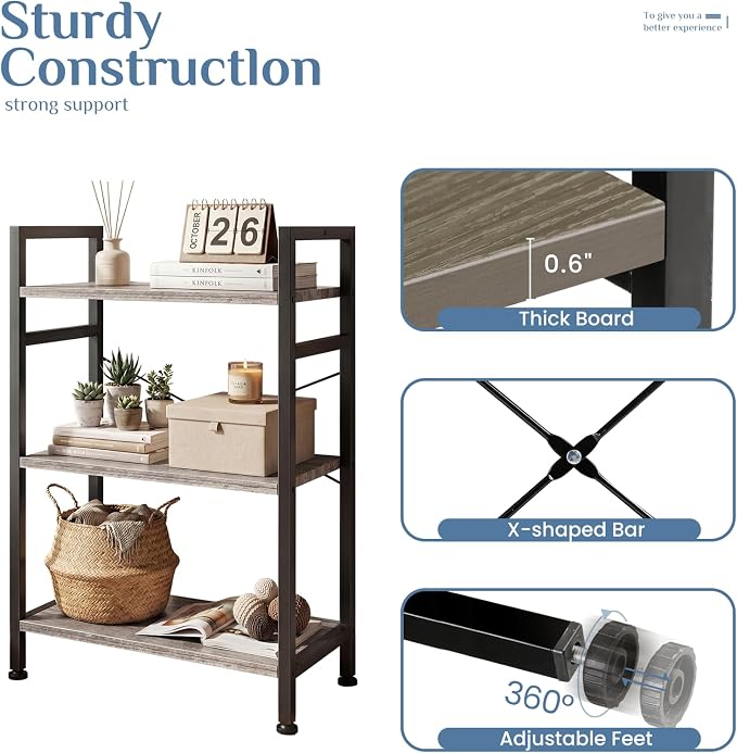 DUMOS 3 Tier Bookshelf, Home Office Bookcase Shelf Storage Organizer | Free Standing Open Display Storage Shelving Unit for Bedroom, Living Room Gray