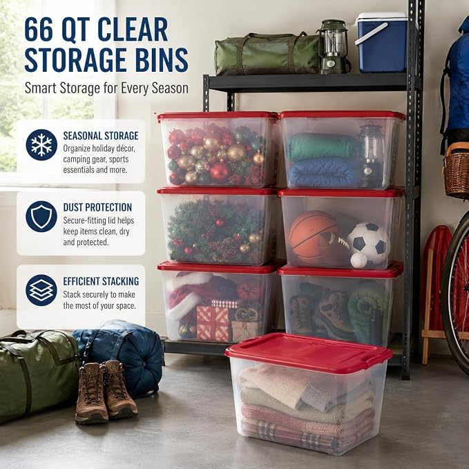 66 Quart Clear Plastic Storage Container with Latch Lid, Red, 6 Pack | Clear Base & Lid, Secure Red Latches, Recessed Stacking, 66Qt Capacity, BPA-Free Plastic