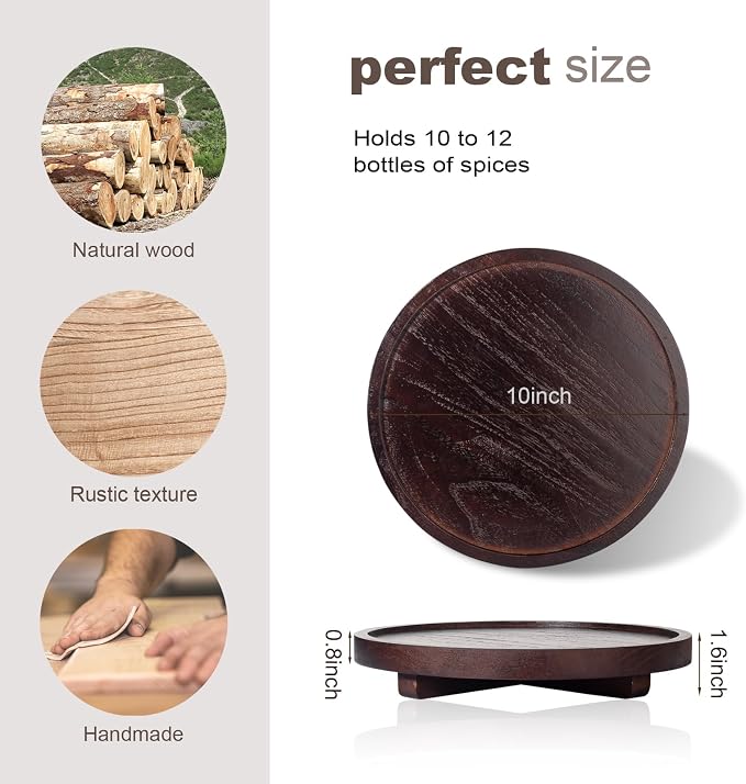 Round Decorative Tray Farmhouse Kitchen Decor Soap Dish, 10" Walnut | Waterproof, Lightweight, Easy Clean, Wood Riser Pedestal Stand Accessories for Office Desk, Vanity, Counter, Sink