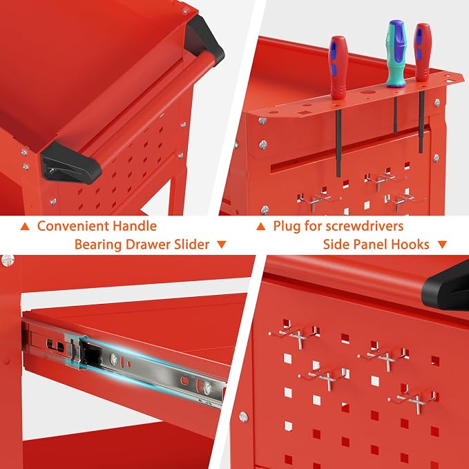 3 Tier Heavy Duty Rolling Tool Cart with Drawers, Large Storage Utility Cart on Wheels for Garage, Warehouse, Repair Shop (Red)