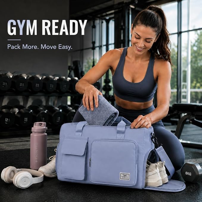 FIORETTO Women's Gym Duffle Bag with Shoes Compartment, 30L Capacity, Ideal for Travel, Gym, Sports, Duffel, Weekender