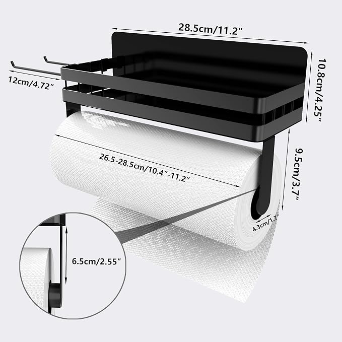 DELITON Magnetic Paper Towel Holder for Fridge - Black Paper Towel Roll Holder with Shelf for Grill Strong Magnetic Heavy Duty, Kitchen Refrigerator Organization Spice Rack with 2 Hooks No Drill