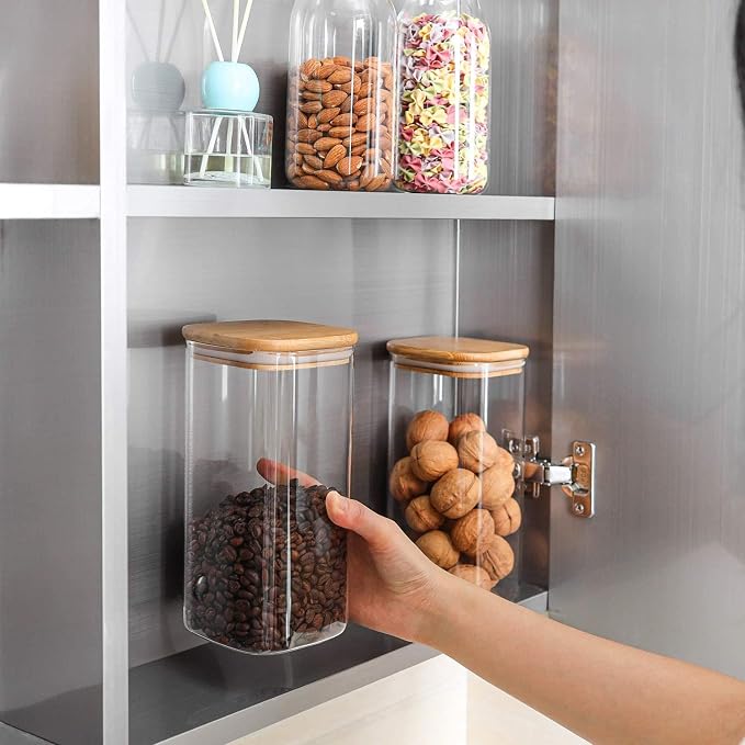 ComSaf 1.6 Qt Square Glass Jars with Bamboo Lids Set of 3, Space-Saving Glass Pantry Storage Containers, Airtight Clear Glass Storage Containers with Wide 3.9" Mouth for Coffee, Sugar, Short Pasta