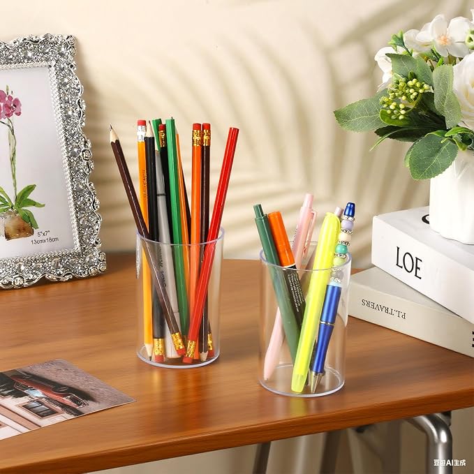2 Pcs Pen Holder Acrylic Cylinder Container Stylish Clear Acrylic Desk Organizer Round Makeup Brush Storage Desktop Pencil Cup Clear Stationery Organizer for Home School Office Supplies Countertop