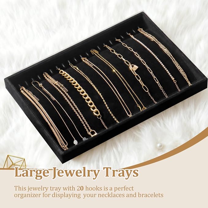 Large Jewelry Organizer for Drawer Insert Velvet Stackable Jewelry Trays for Earring Necklace Bracelet Ring Display (Black, 20 Hooks)