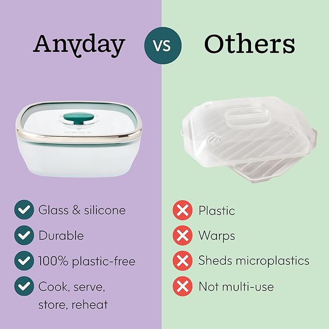 Anyday 10-Cup Square Glass Food Storage with Glass Lid | Plastic-Free Meal Prep & Microwave Cookware | Stackable Airtight Storage Container with Vented Lid for Microwave-Safe Reheating