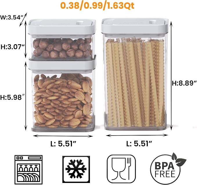 vacane Pump-Lock Airtight Food Storage Containers Set with Lids, 0.38/0.99/1.63Qt Plastic Cereal Containers, Stackable Kitchen Storage Containers Set for Flour Snack Sugar Coffee, Dishwasher Safe