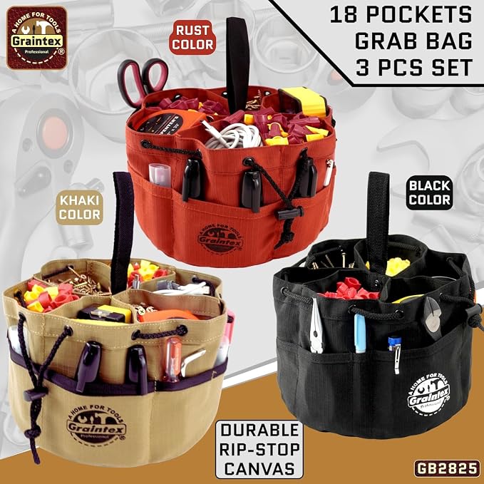 Graintex 18 Pocket Grab Bags Set of 3 Pcs Rip-Stop Canvas, Drawstring Closure, Small Parts Organizer Bag, Small Tools, Screws, Parts, Parachute Tool Bag, Parachute Tool Organizer for Essential Items