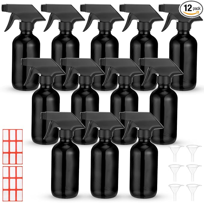 Norme 12 Pcs 8 oz Glass Spray Bottles with Funnels and Labels Refillable Cosmetic Empty Spray Bottles with Sprayer Containers for Essential Oil Cleaning Solutions(Black,Classic)