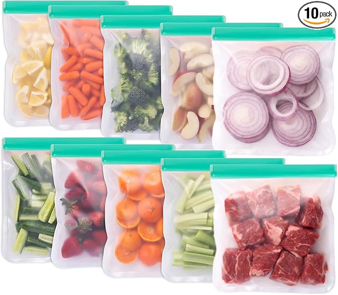 10 Pack Reusable Gallon Bags, Extra Thick BPA Free, Dishwasher & Freezer Safe Food Storage Bags for Lunch, Snacks & Home Organization (Blue, 10 Pack Gallon)
