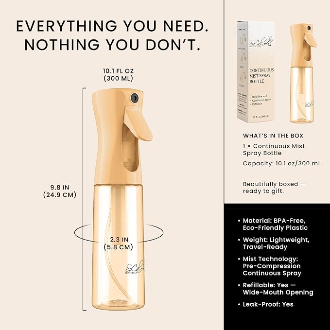 Continuous Spray Bottle for Hair – Slim Design - Fine Mist Water Sprayer for Hairstyling, Curly Hair – Refillable Mister Bottle with 360 Spray – Travel Size Hair Water Bottle