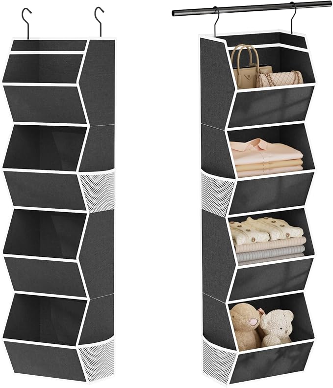 Hanging Closet Organizer 4 Shelf Collapsible Bedroom Closet Organizers and Storage Hanging with Mesh Pocket for Clothes, Closet Hanging Organizers and Storage for Fabric Wardrobe Space Saver, Black