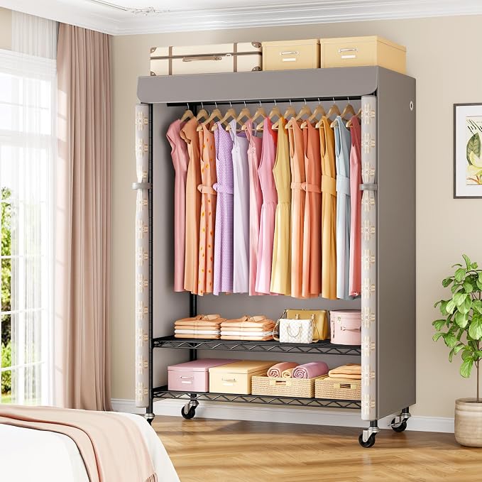 ULIFHOME Rolling Clothes Rack with Cover, Covered Clothing Rack Heavy Duty | P6C Plus Portable Closet for Hanging Clothes, Garment Rack on Wheels, Black Closet Rack with Pattern Cover, Max Load 375LBS