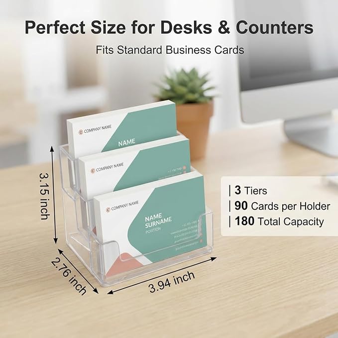 TecUnite 2 Pieces Business Card Holder for Desk 3 Tiers Clear Acrylic Stand for Business Card Organizer Storage Holder Display for Office and Company, 180 Cards Capacity