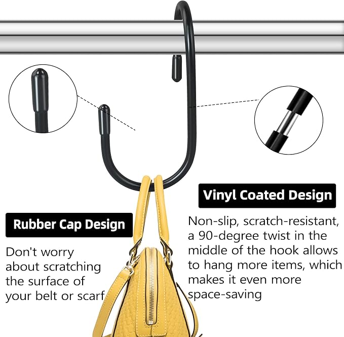12 Pack Heavy Duty Twist Design Purse Hanger for Closet - Anti-Slip Vinyl Coated Metal 4 inch Large S Hooks, Multipurpose Organizer for Purses, Handbags, Belts, Scarves, Hats, Black