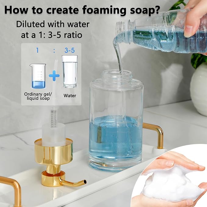 Glass Foaming Soap Dispenser Set with 304 Stainless Steel Pump 12oz 2 Pack | Rust Proof Gold Pump, Sturdy, Clear Empty Foam Bottle with Waterproof Labels for Bathroom Decor Kitchen Colleage Dorm