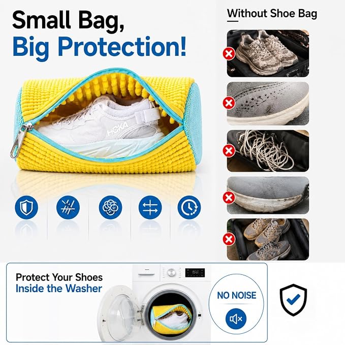 EPSCY Shoe Washing Machine Bags - Reusable Sneaker Laundry Shoe Bag with 360° Deep Clean Mesh - Self Locking Zipper, Noise Reduction Washing Bag Fits All Shoes Sizes and Types - Yellow, Pack of 2