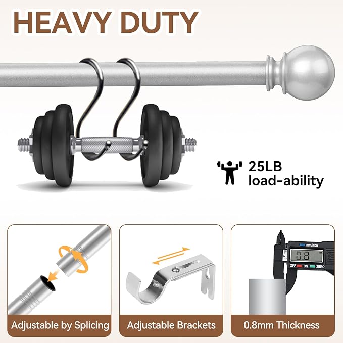 Silver Curtain Rod for Windows 28 to 48 Inch, 5/8 Inch Diameter Adjustable Curtain Rods With Brackets, Heavy Duty Easy to Install Curtain Rods for Bedroom, Outdoor Curtain Rod for Patio